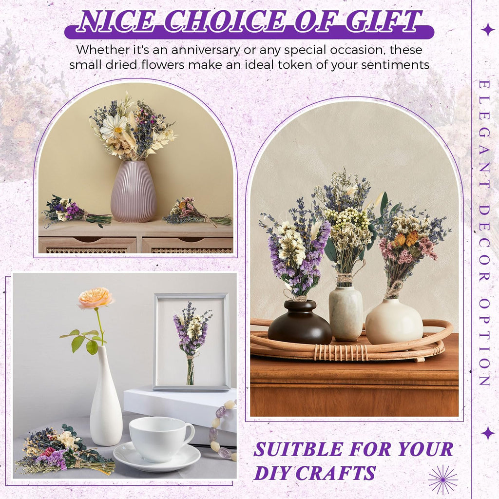Collage of dried flower arrangements in vases and framed, with text overlays.