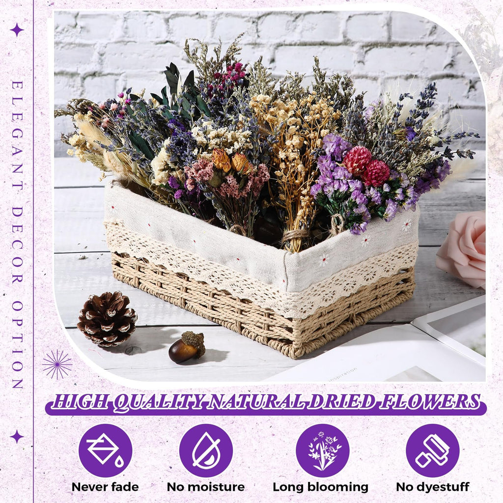 Basket filled with assorted dried flowers, including lavender and statice, with pinecone and acorn accents.
