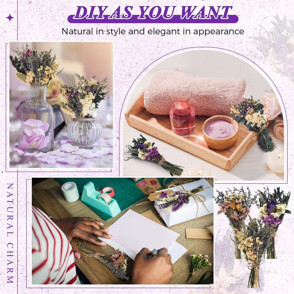 Collage of mini boho dried flower bouquets in various settings: in vases, on a spa tray, and being used for crafts.