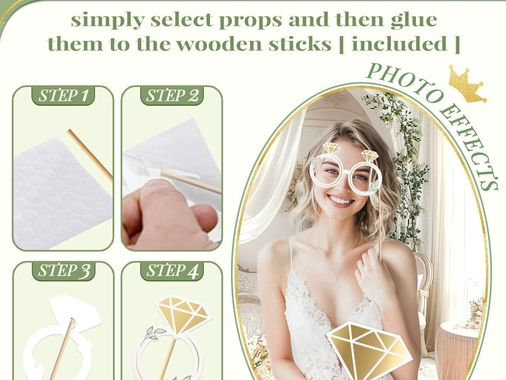 Wedding photo props kit with instructions and a smiling bride wearing prop glasses.