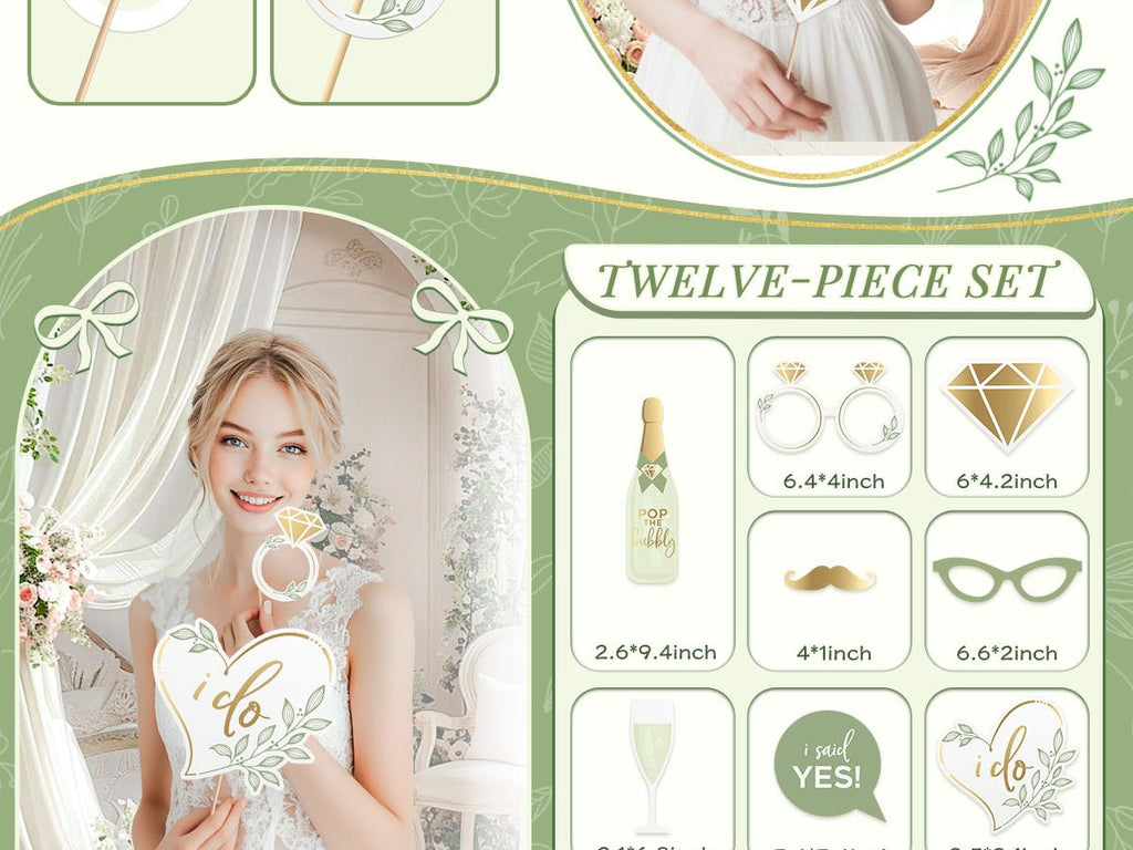 Bride holding wedding photo props including 'i do' heart and diamond ring.