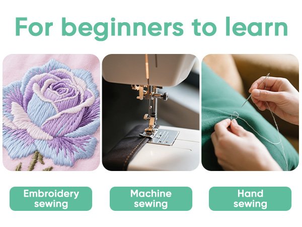 Collage of three sewing techniques: embroidered rose, sewing machine detail, and hands doing hand sewing.