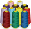 A collection of 12 colorful polyester serger thread cones arranged in a staggered formation against a white background.