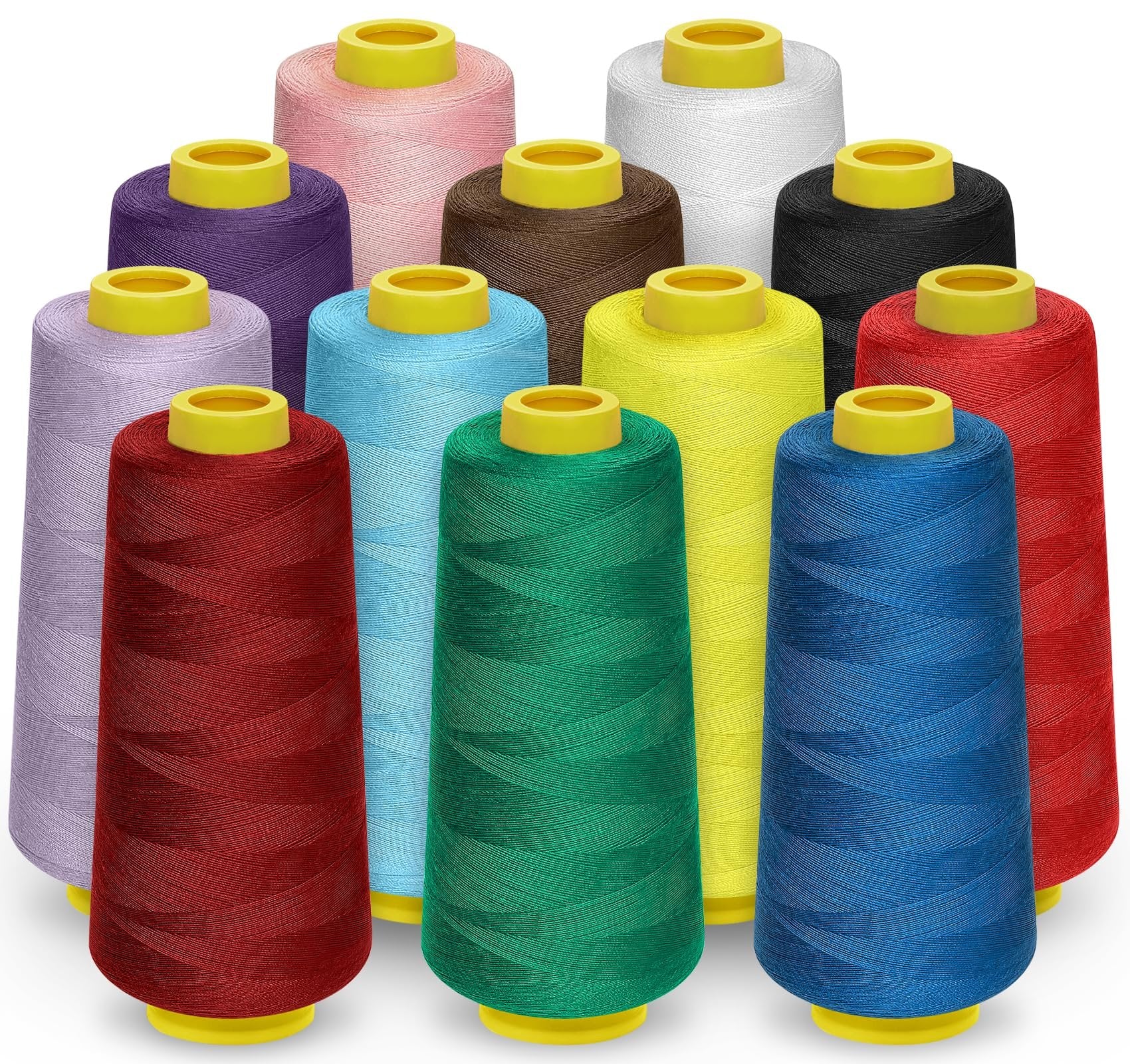 A collection of 12 colorful polyester serger thread cones arranged in a staggered formation against a white background.