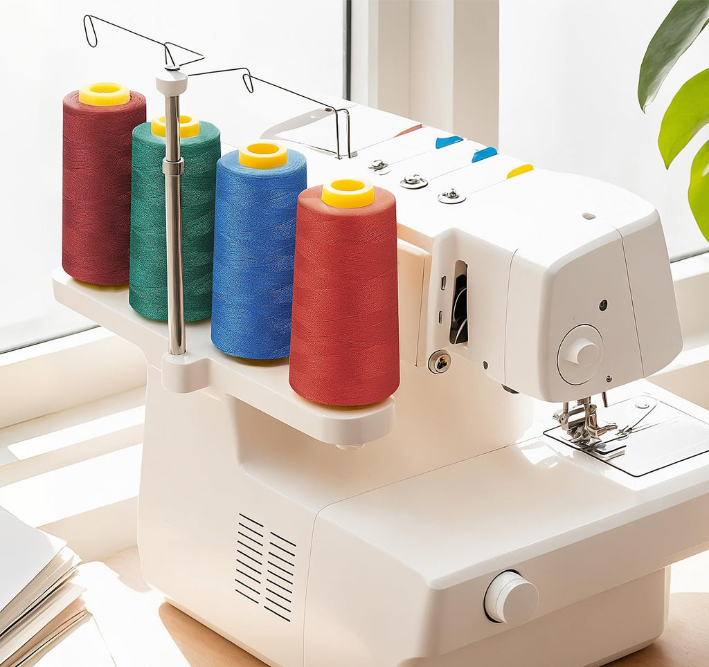 Four spools of red, green, and blue serger thread on a white sewing machine with sunlight streaming in.