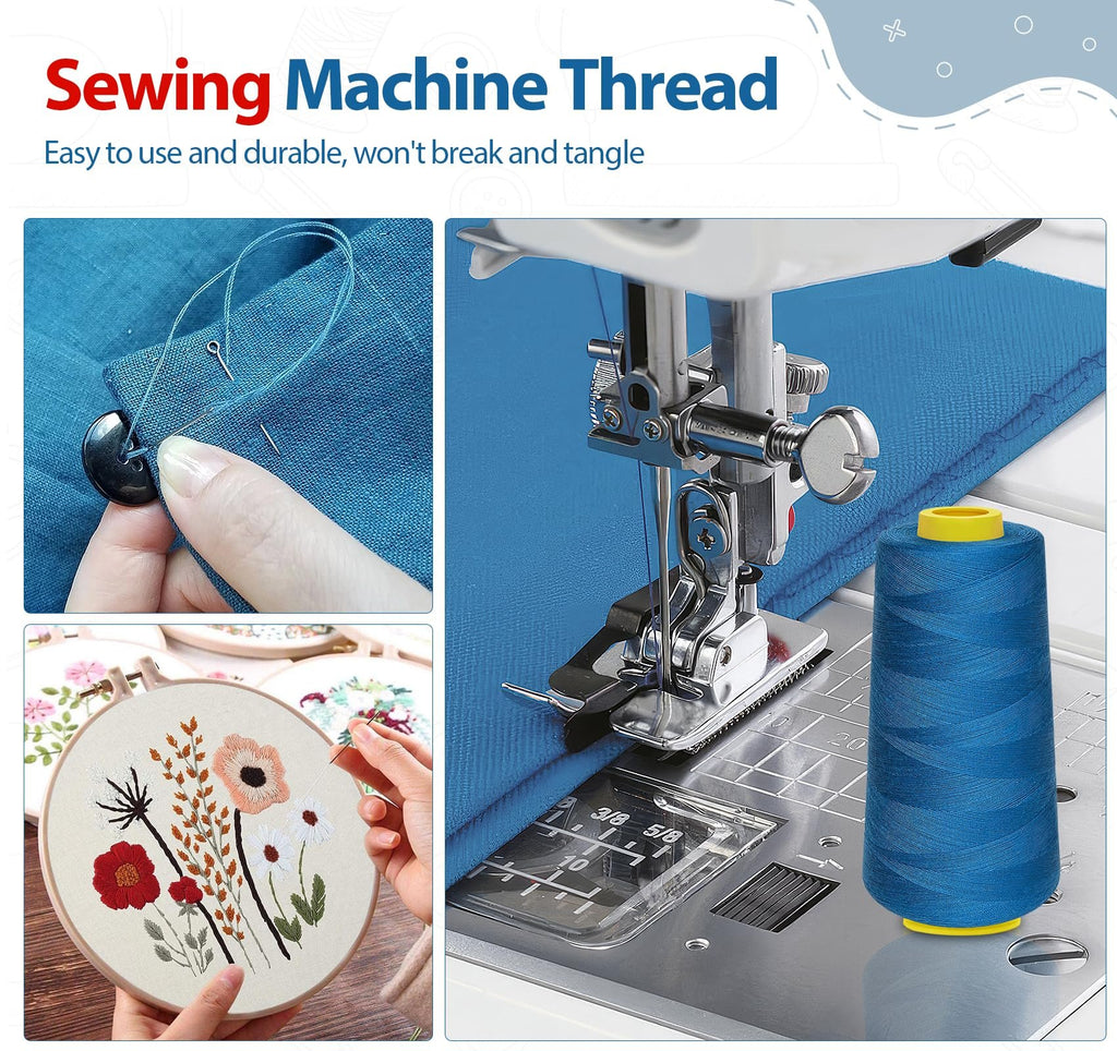 Collage showing sewing machine thread being used for hand sewing, embroidery, and on a sewing machine with a blue thread cone.