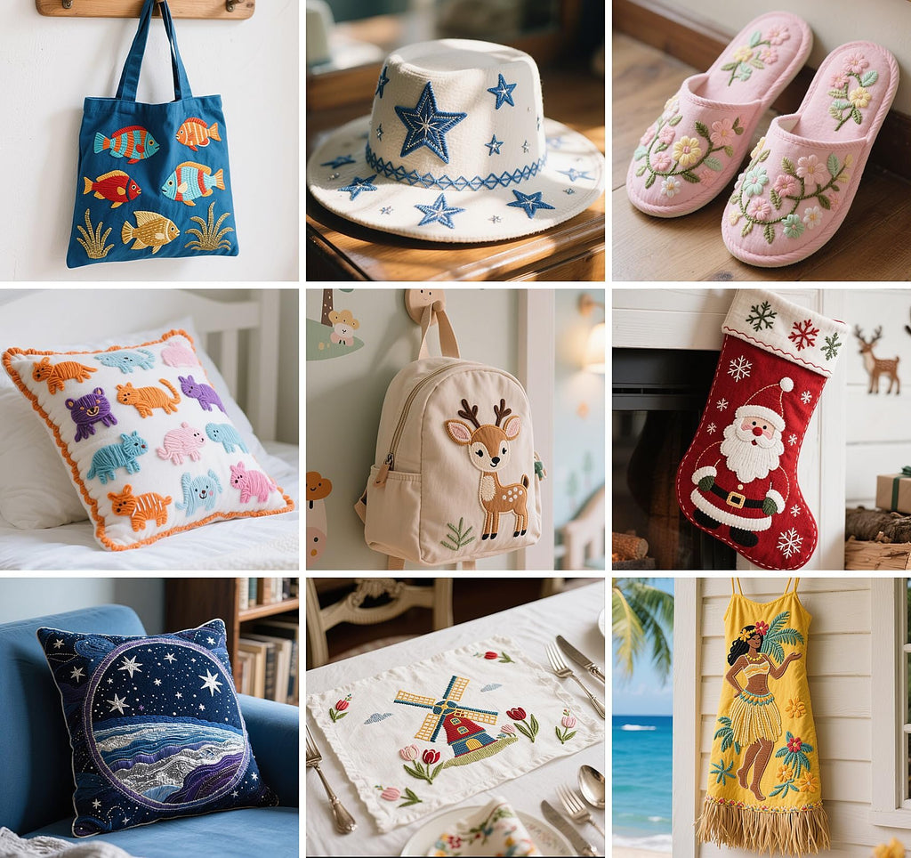 Collage of nine embroidered items including a tote bag, hat, slippers, pillow, backpack, stocking, and dress.