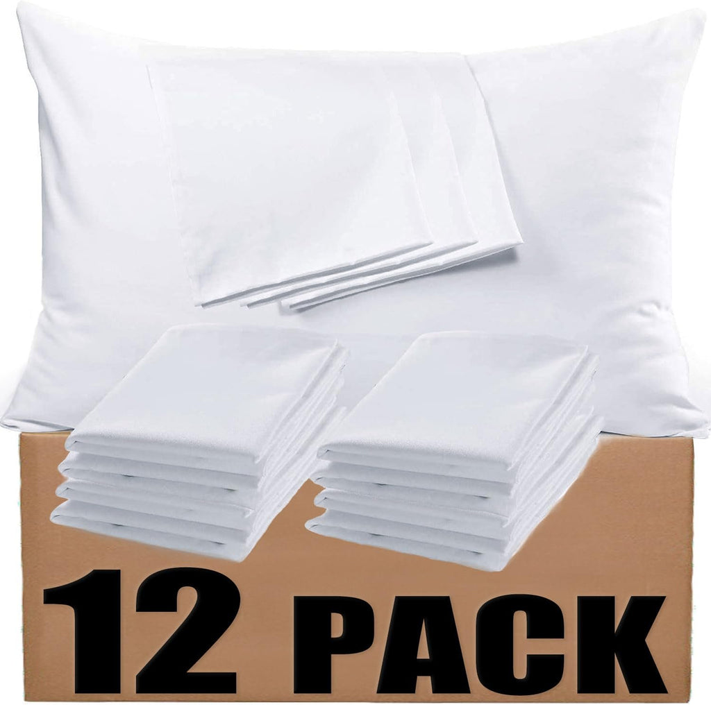 12 white microfiber pillowcases stacked on a cardboard box, one pillowcase is open.