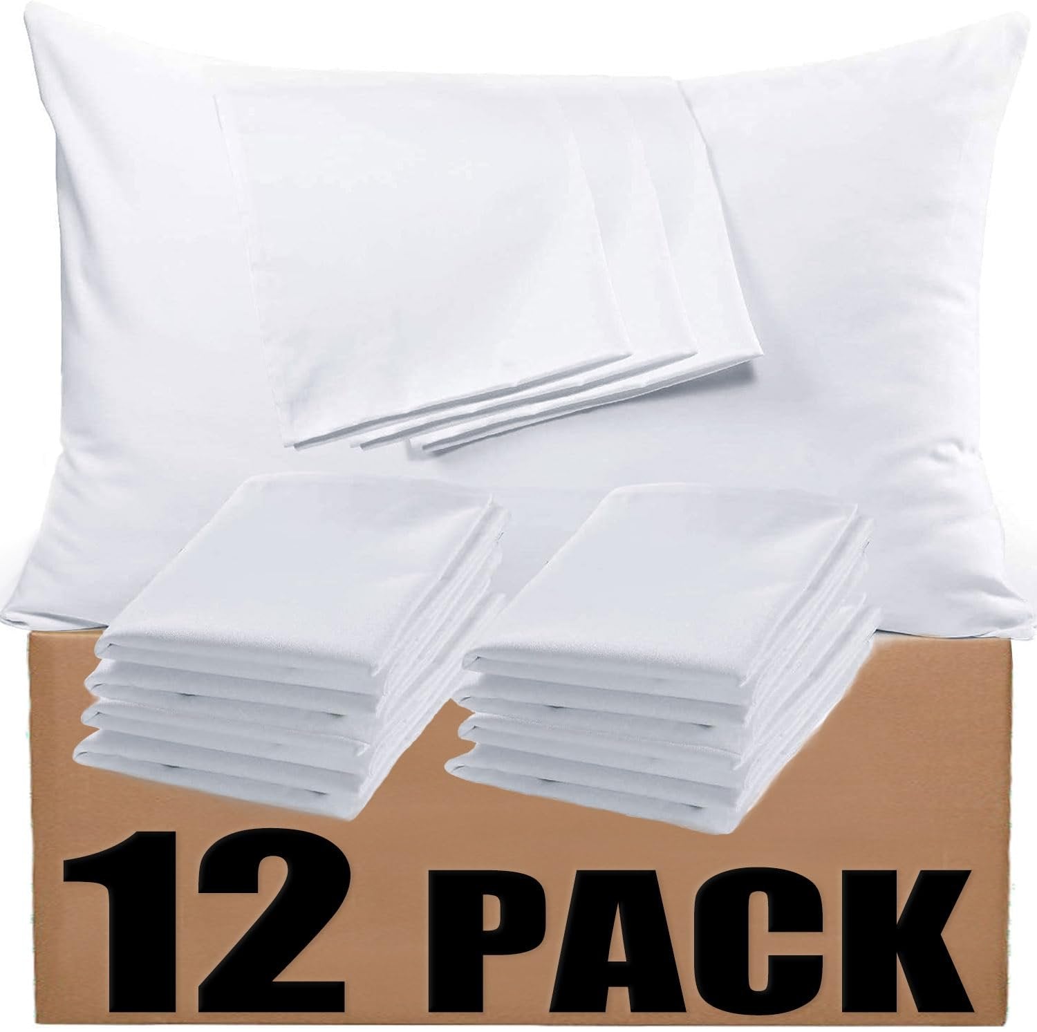 12 white microfiber pillowcases stacked on a cardboard box, one pillowcase is open.