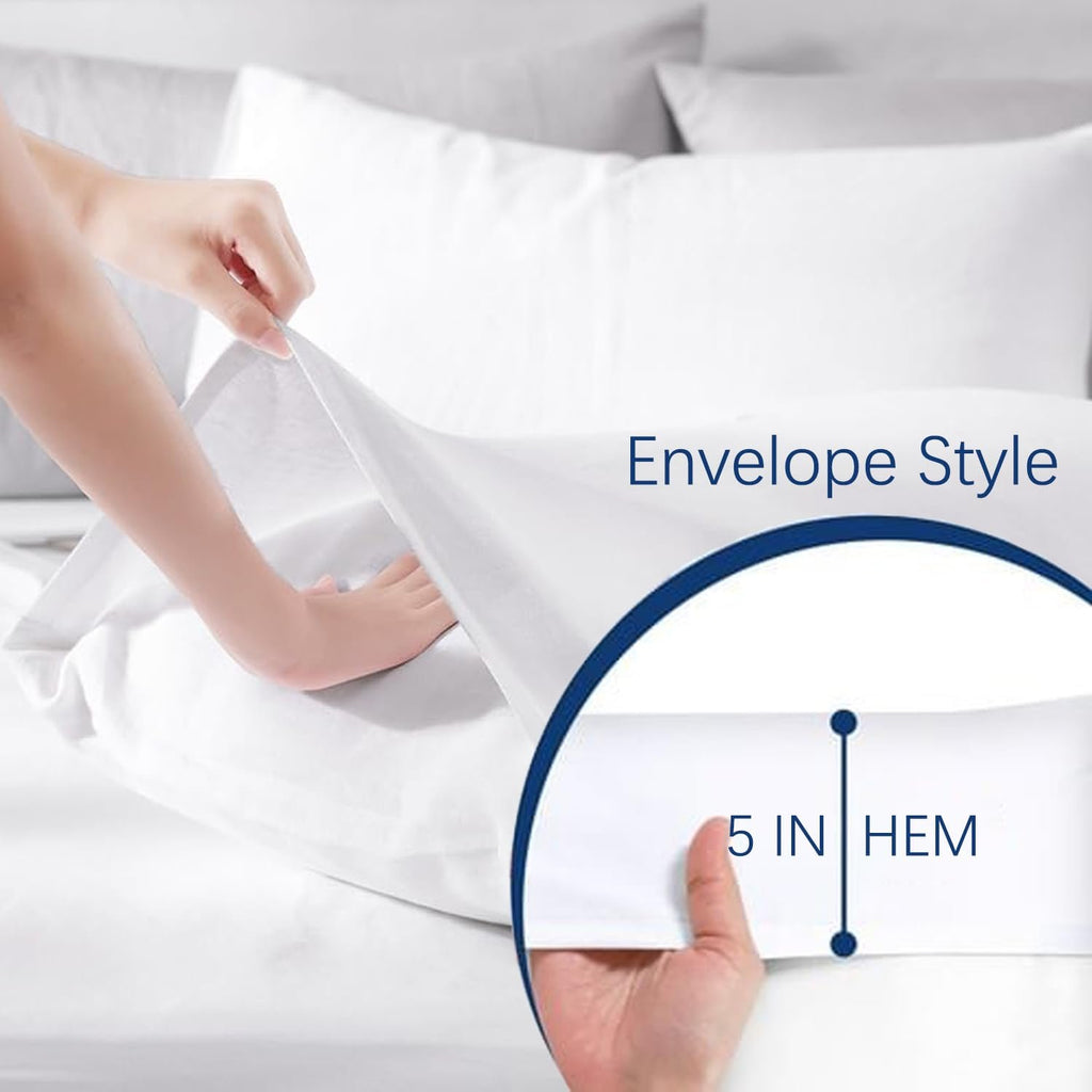 Hands demonstrating envelope closure and 5-inch hem on a white pillowcase
