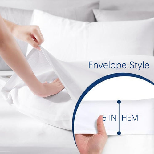 Hands demonstrating envelope closure and 5-inch hem on a white pillowcase