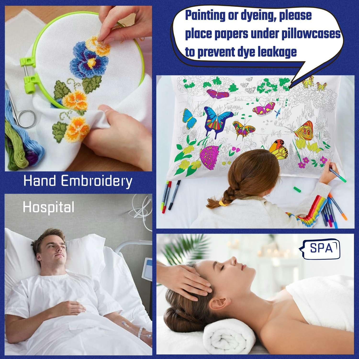 Collage of four images showing pillowcases being embroidered, a child coloring a pillowcase, a man in a hospital bed, and a woman receiving a spa treatment.