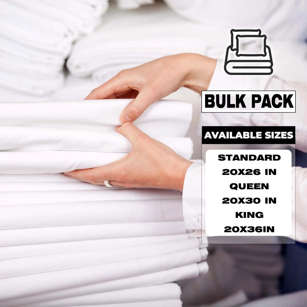 Hands folding stack of white pillowcases with size options overlay