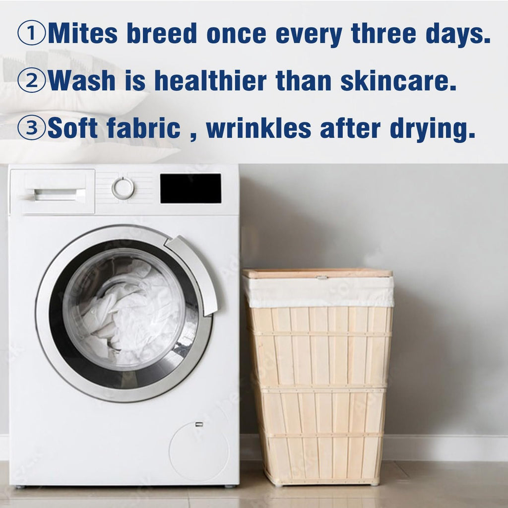 Washing machine and laundry basket with text overlay about fabric care