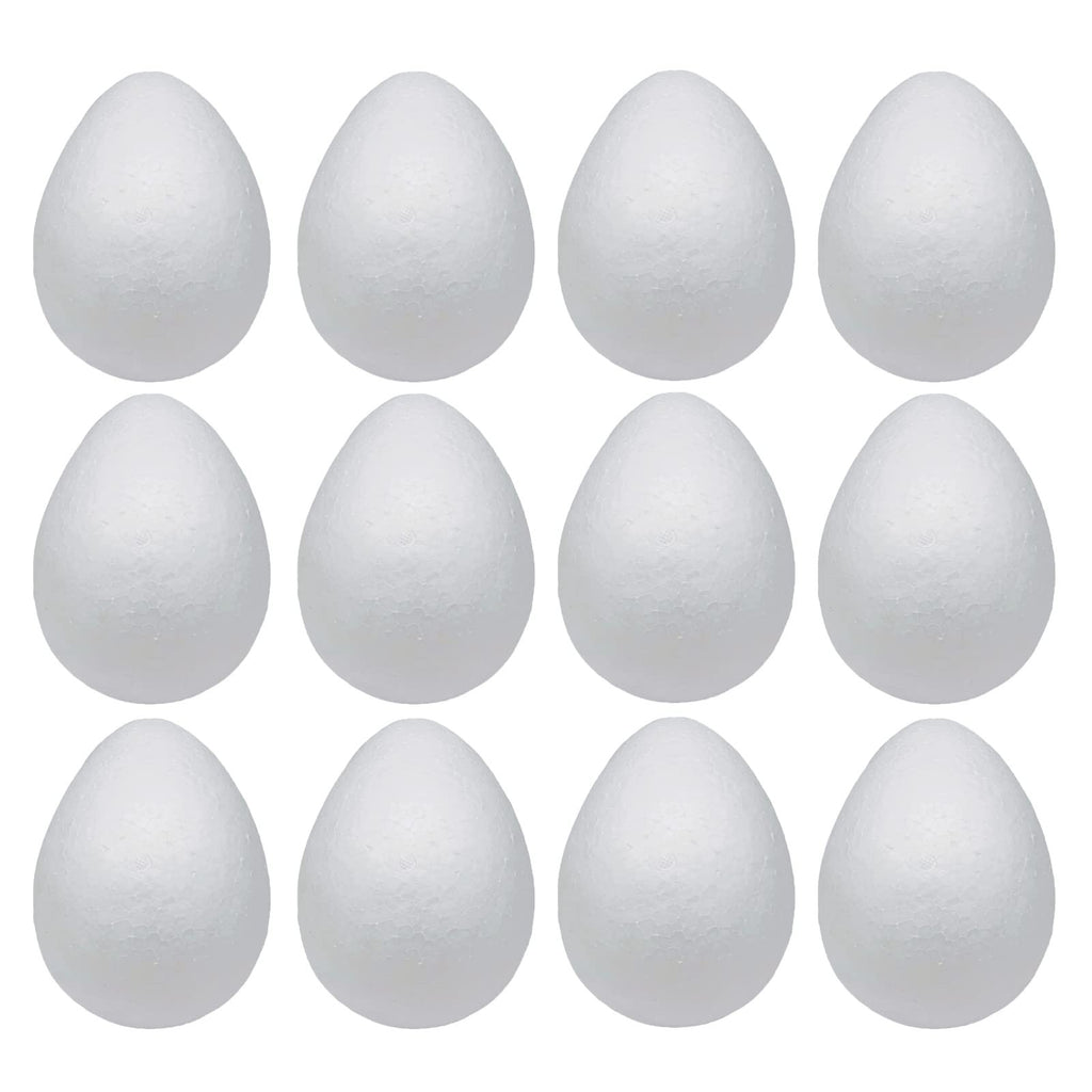 Twelve white polystyrene foam eggs arranged in three rows of four, shown from the front against a white background.