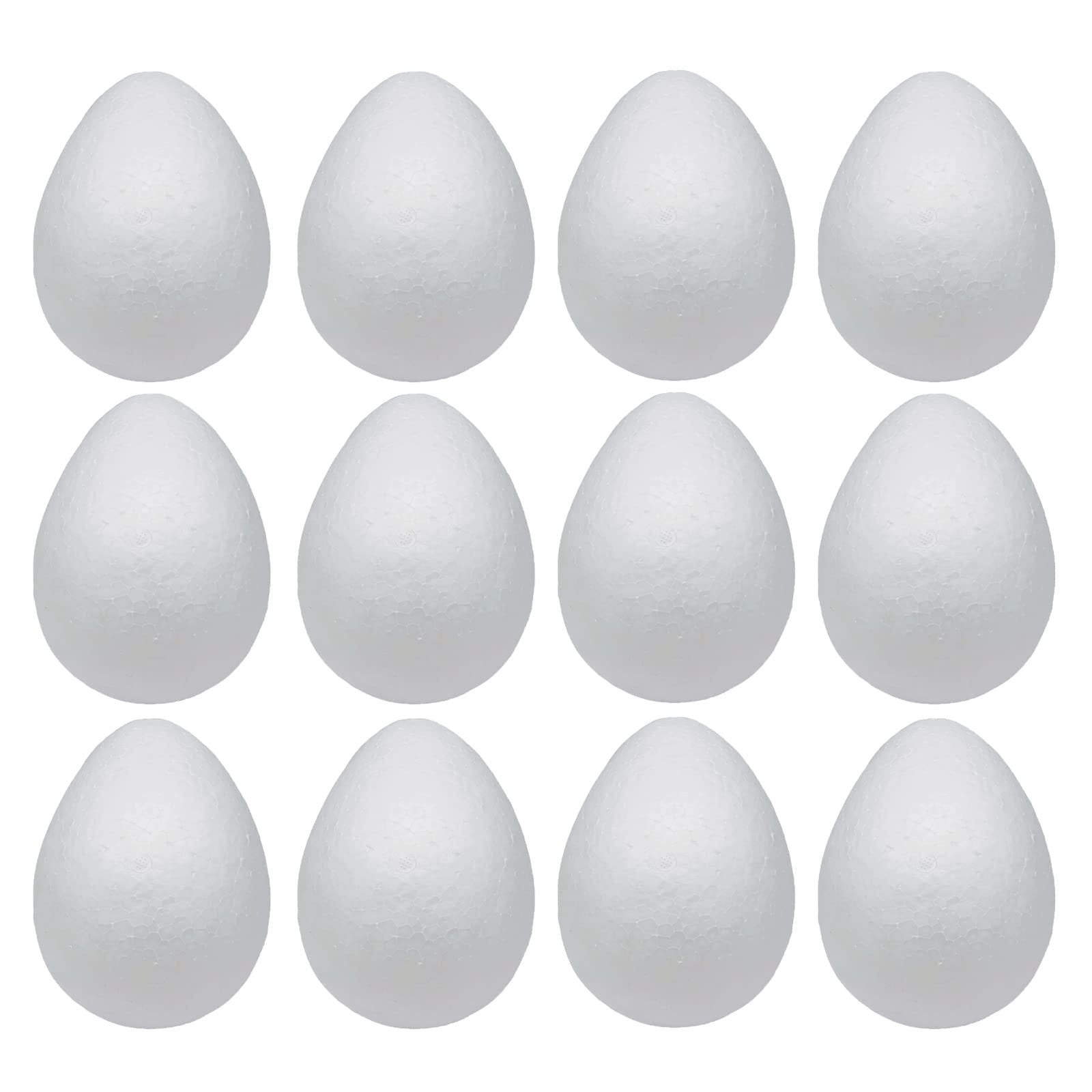 Twelve white polystyrene foam eggs arranged in three rows of four, shown from the front against a white background.
