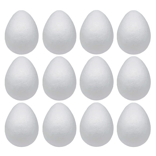 Twelve white polystyrene foam eggs arranged in three rows of four, shown from the front against a white background.