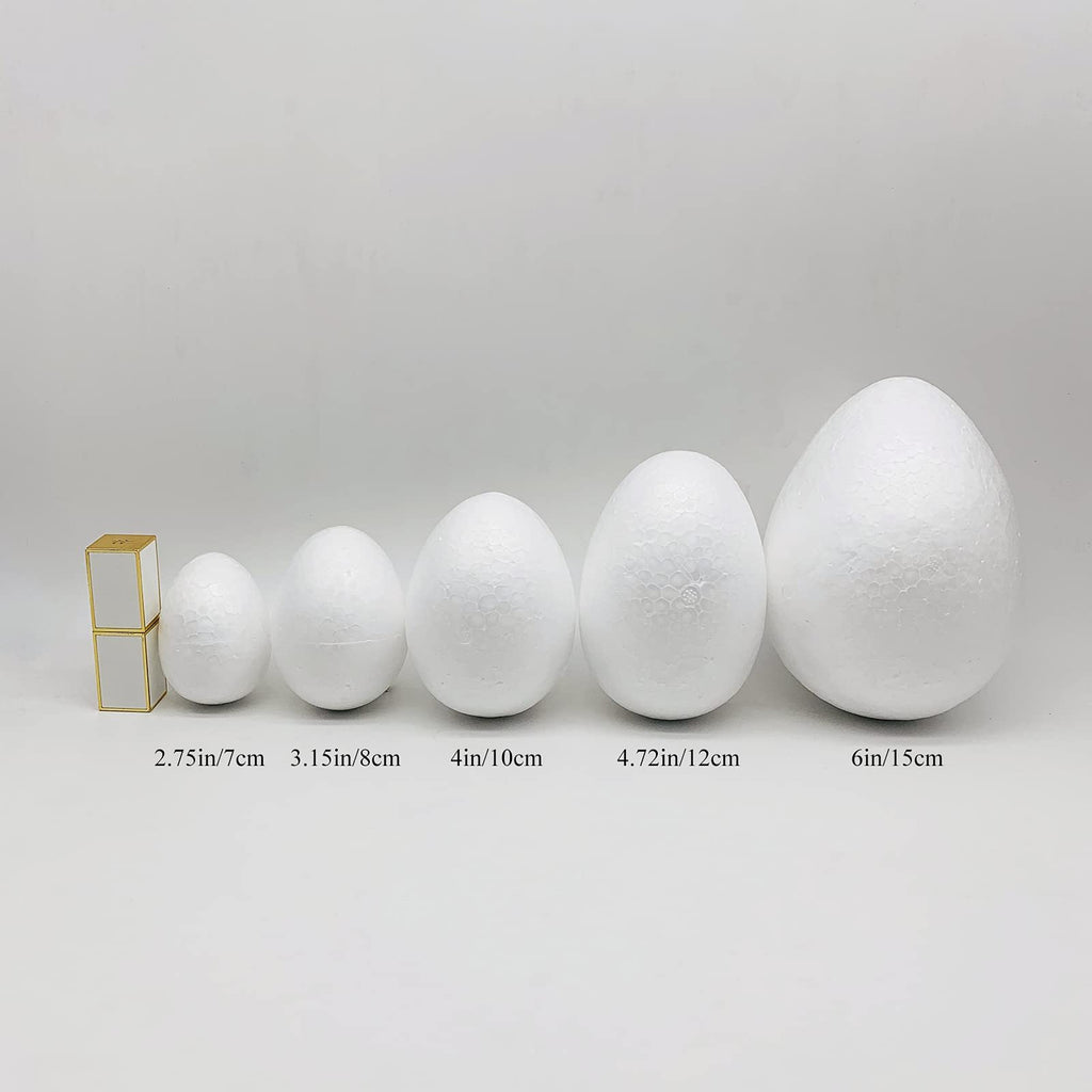 Five white polystyrene foam eggs of varying sizes displayed with size labels below them.