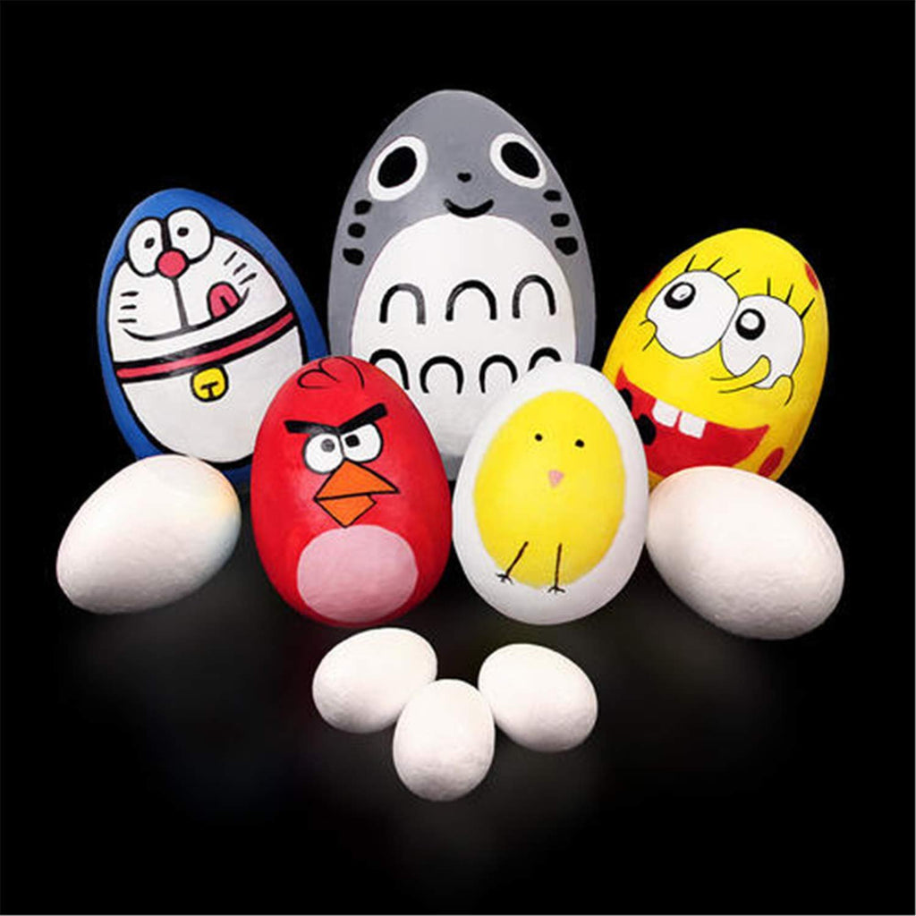 Group of painted and plain white polystyrene foam eggs arranged on a black background.