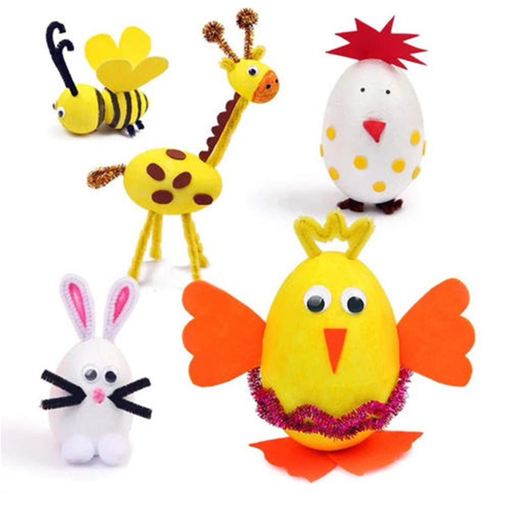 Five decorated polystyrene foam eggs: a bee, a giraffe, a chicken, a bunny, and a chick, arranged on a white background.