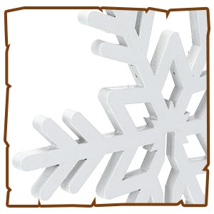 Close-up of a white wooden 3D snowflake table decor piece on a white background.