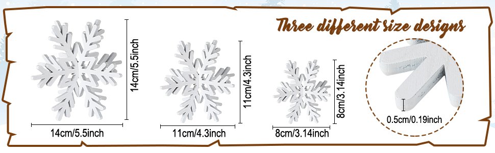 Three white wooden snowflakes of varying sizes with dimension callouts, showing thickness.