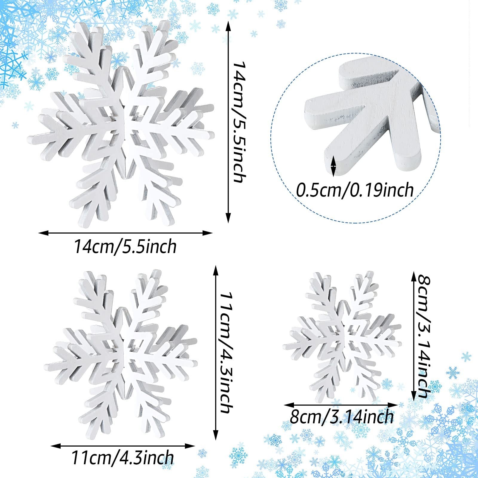 Three white wooden snowflakes of different sizes (14cm, 11cm, 8cm) shown with dimensions indicated.