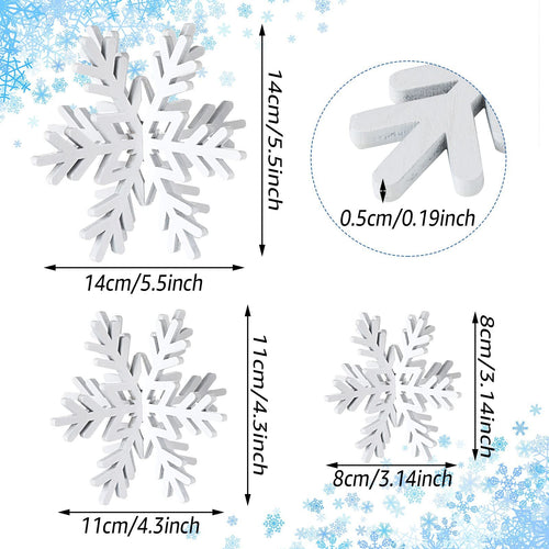 Three white wooden snowflakes of different sizes (14cm, 11cm, 8cm) shown with dimensions indicated.