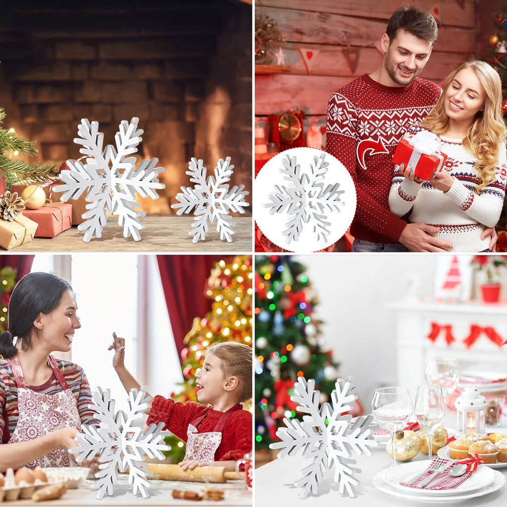Four scenes of white 3D wooden snowflakes used as Christmas decor, including by a fireplace, a couple exchanging gifts, a mother and daughter baking, and on a festive dining table.