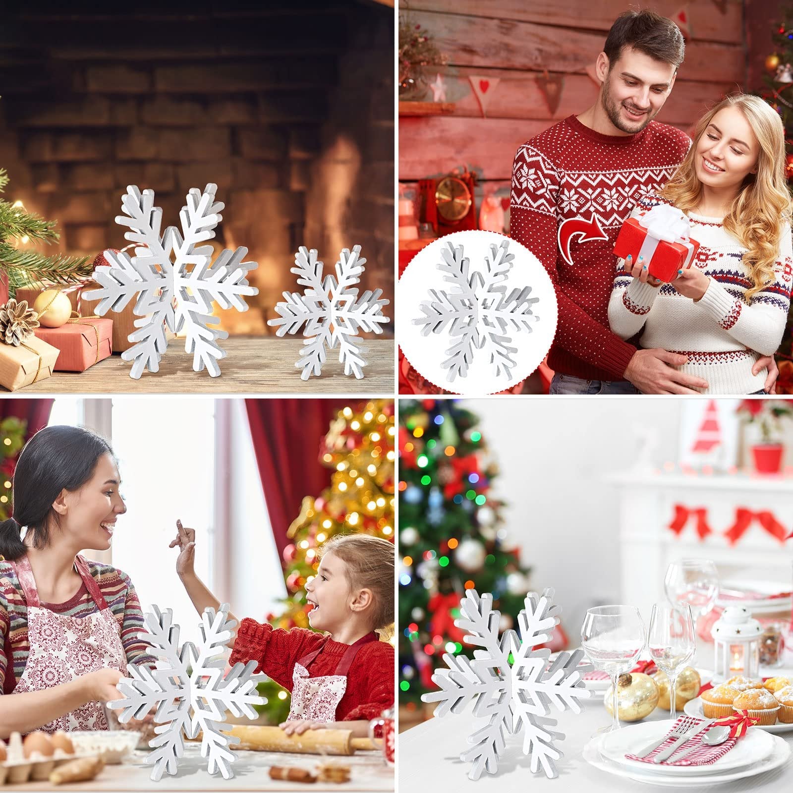 Four scenes of white 3D wooden snowflakes used as Christmas decor, including by a fireplace, a couple exchanging gifts, a mother and daughter baking, and on a festive dining table.