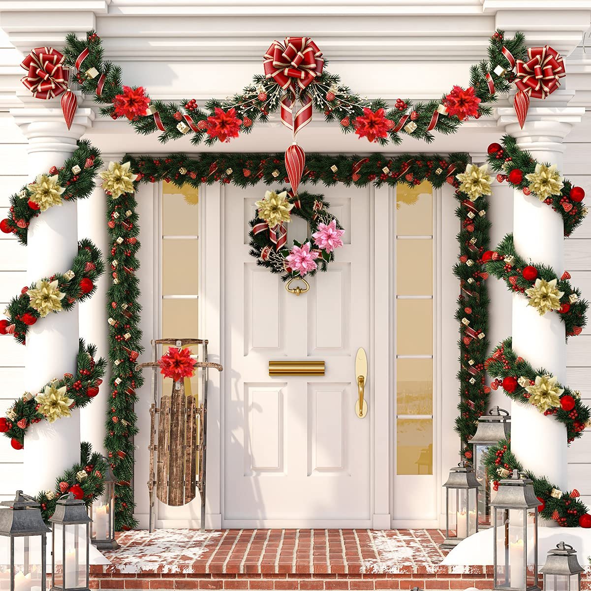 Christmas decorated front porch with garlands, wreath, and lanterns