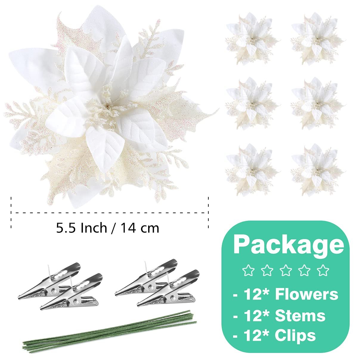 Set of 12 white glitter poinsettia flowers with clips and stems for Christmas decorations, showing size and package contents.