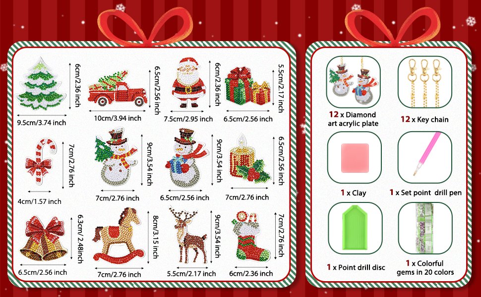 Christmas diamond art keychain kits contents and individual ornament designs with dimensions