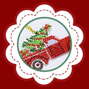 Diamond art Christmas ornament keychain kit featuring a red truck with a Christmas tree, made with resin gems.