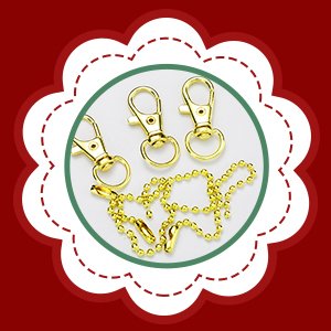Three gold lobster clasps and a gold bead chain for keychains, arranged on a white surface within a scalloped border.