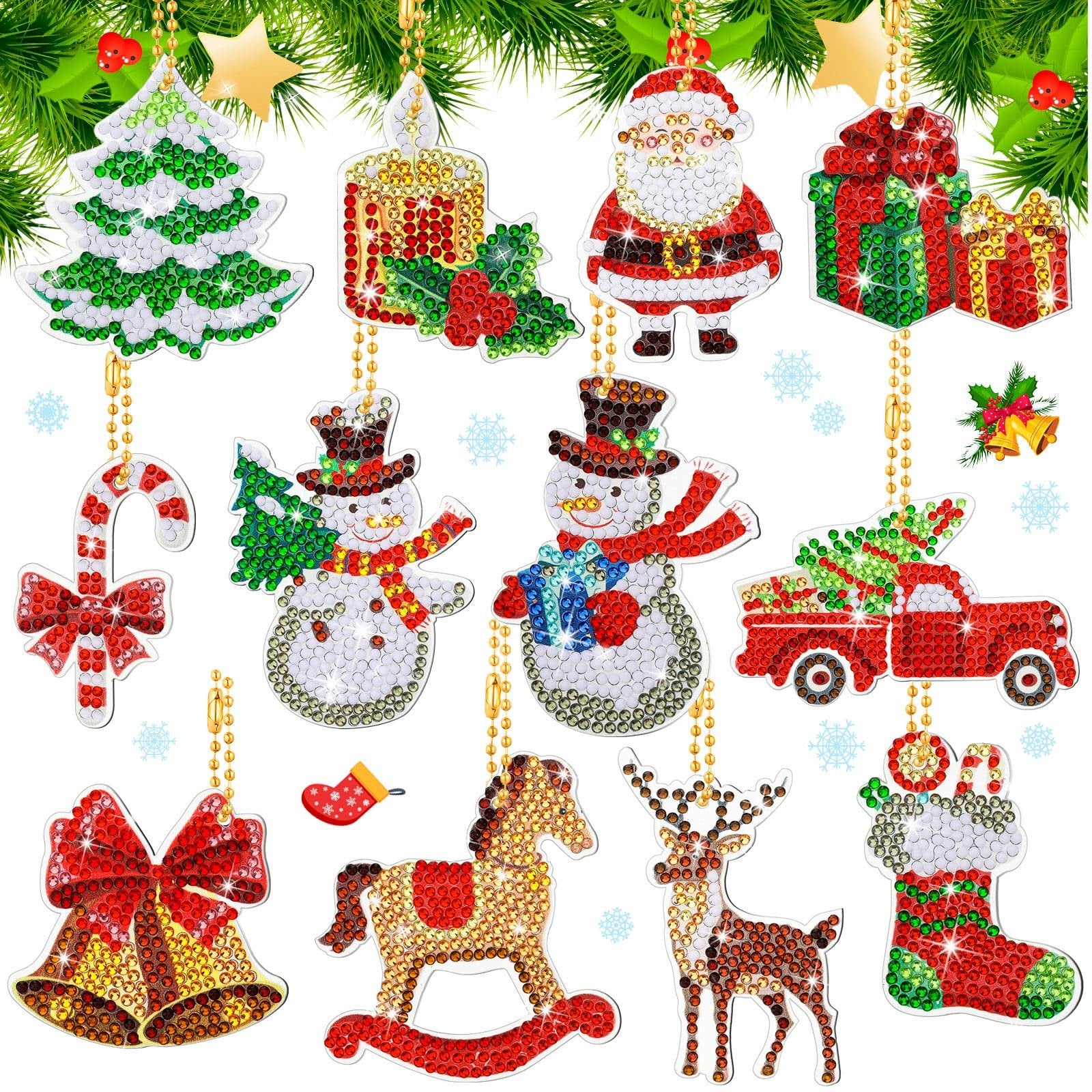 Collection of 12 diamond art Christmas ornament keychain kits including Santa, snowman, tree, truck, bells, horse, reindeer, stocking, candy cane, and candle.
