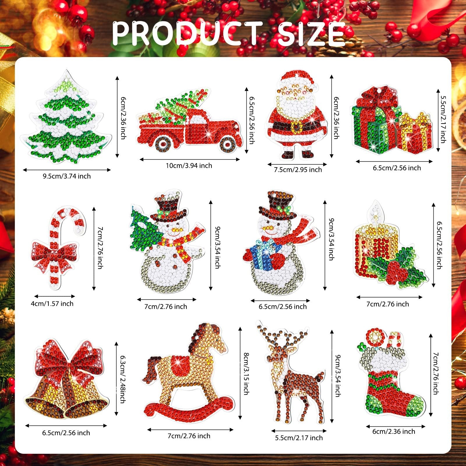 Diamond art Christmas ornament keychain kits showing various designs with dimensions labeled.