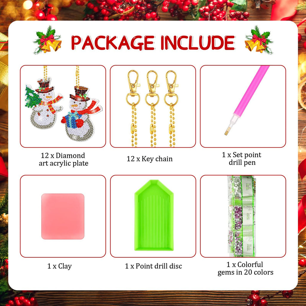 Diamond art Christmas ornament keychain kit contents: snowman ornaments, keychains, drill pen, clay, drill disc, and colorful gems.