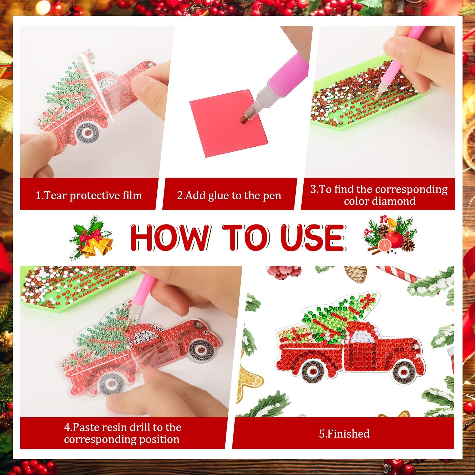 Collage showing steps to create a diamond art Christmas truck keychain ornament
