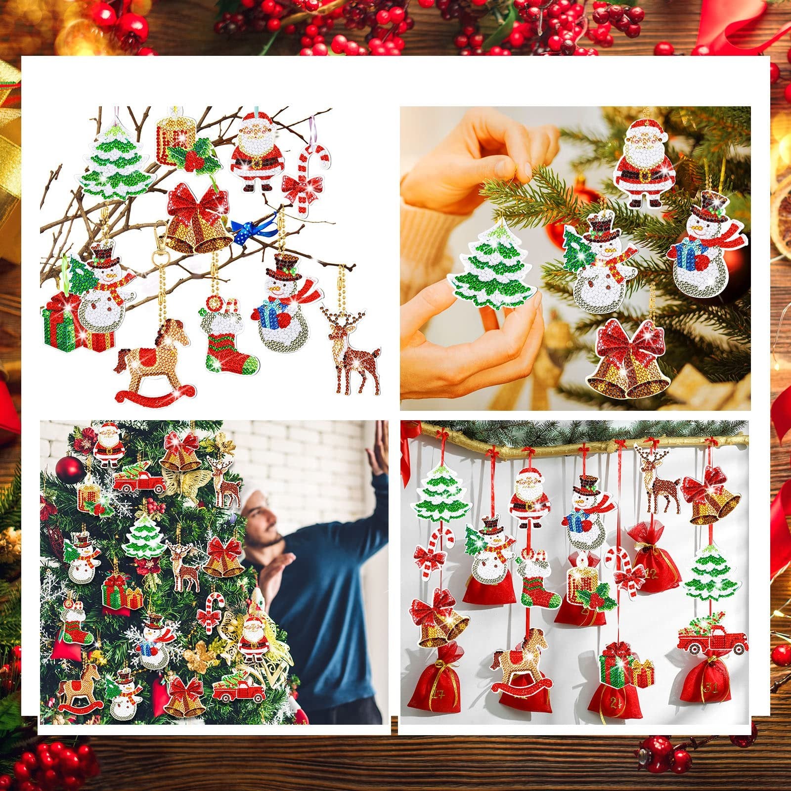 Collage of diamond art Christmas ornament keychain kits including Santa, snowmen, trees, bells, and reindeer.