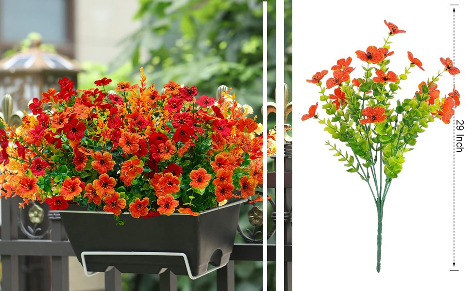 Artificial orange and red mums in a planter and a single stem with text indicating 29 inch length