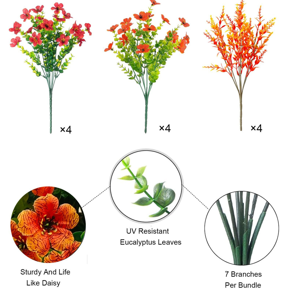Three bunches of artificial fall flowers in red, orange, and yellow, with close-ups of a daisy-like flower, eucalyptus leaves, and stems.