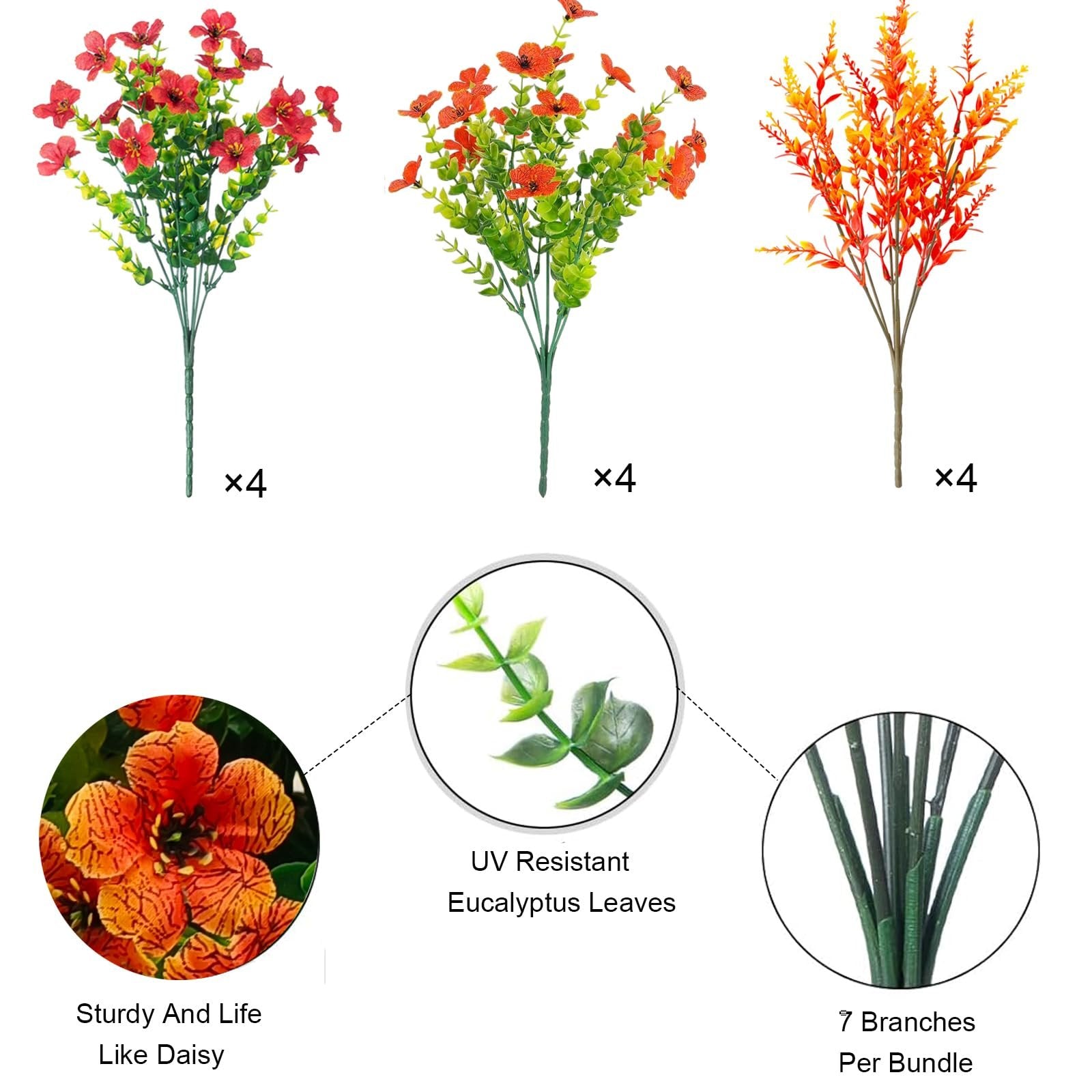 Three bunches of artificial fall flowers in red, orange, and yellow, with close-ups of a daisy-like flower, eucalyptus leaves, and stems.