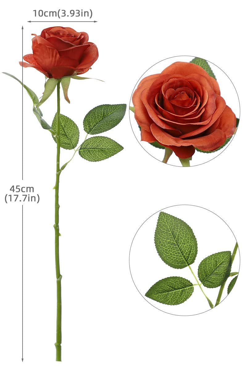 Single burnt orange artificial silk rose with green leaves and stem, showing dimensions.