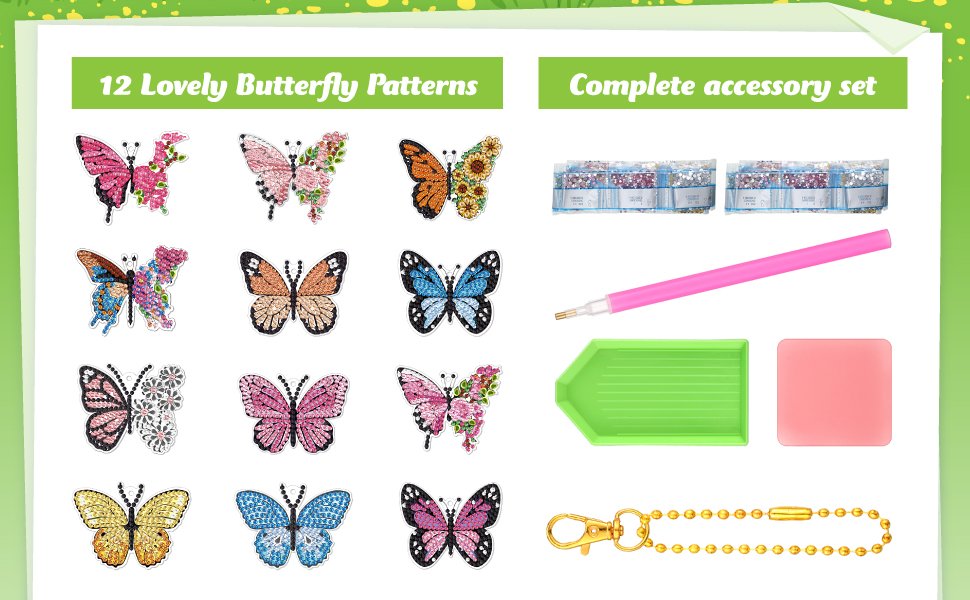 Diamond painting keychains kit with 12 butterfly patterns and accessory set including diamonds, pen, tray, and keychain hardware.