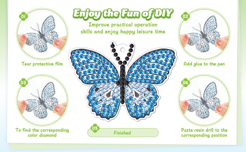 Diamond painting butterfly keychain kit instructions showing steps 1-5: tear film, add glue, find diamond, paste drill, finished.