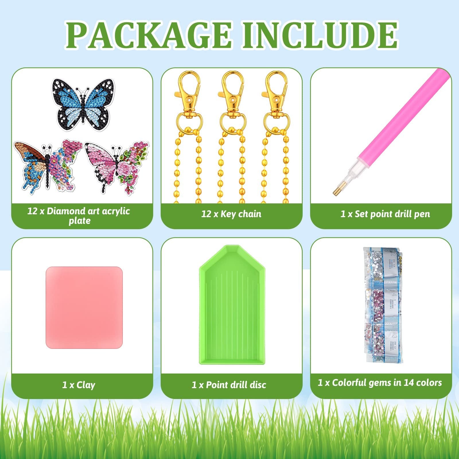 Package contents for butterfly diamond painting keychain kit: acrylic plates, keychains, drill pen, clay, drill disc, and colorful gems.