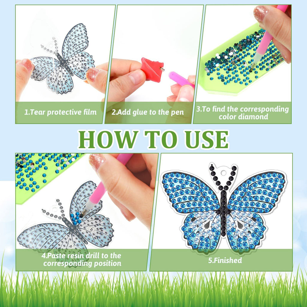 Diamond painting butterfly keychain kit instructions showing 5 steps from tearing film to finished product.