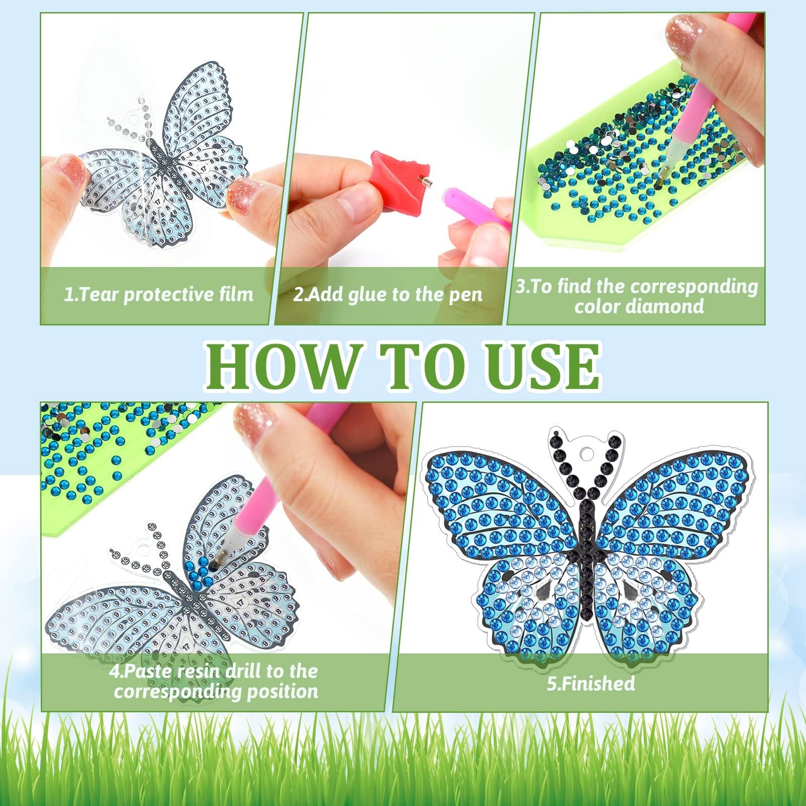 Diamond painting butterfly keychain kit instructions showing 5 steps from tearing film to finished product.