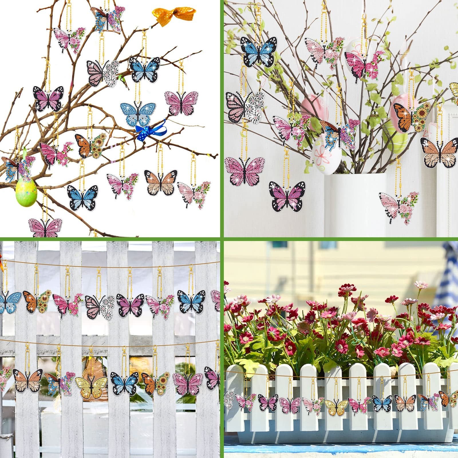 Collage of diamond painting butterfly keychains displayed on branches, in a vase, and on a fence.
